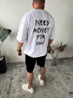 Мужской Летний Костюм Оверсайз с Надписью на Спине - Белая Футболка + Черные Шорты