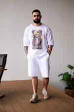 Мужской Летний Белый Костюм Комплект Трехнитка Оверсайз с Принтом Мишка (Футболка + Шорты)