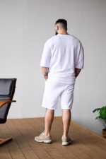 Мужской Летний Белый Костюм Комплект Трехнитка Оверсайз с Принтом Мишка (Футболка + Шорты)