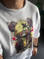 Мужской Летний Белый Костюм Комплект Трехнитка Оверсайз с Принтом Мишка (Футболка + Шорты)