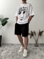 Мужской Летний Костюм с Принтом Лицо - Оверсайз Комплект Белая Футболка и Черные Шорты