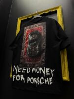 Мужская Хлопковая Черная Футболка “Need Money for Porsche” Оверсайз с Принтом Тачка на Спине