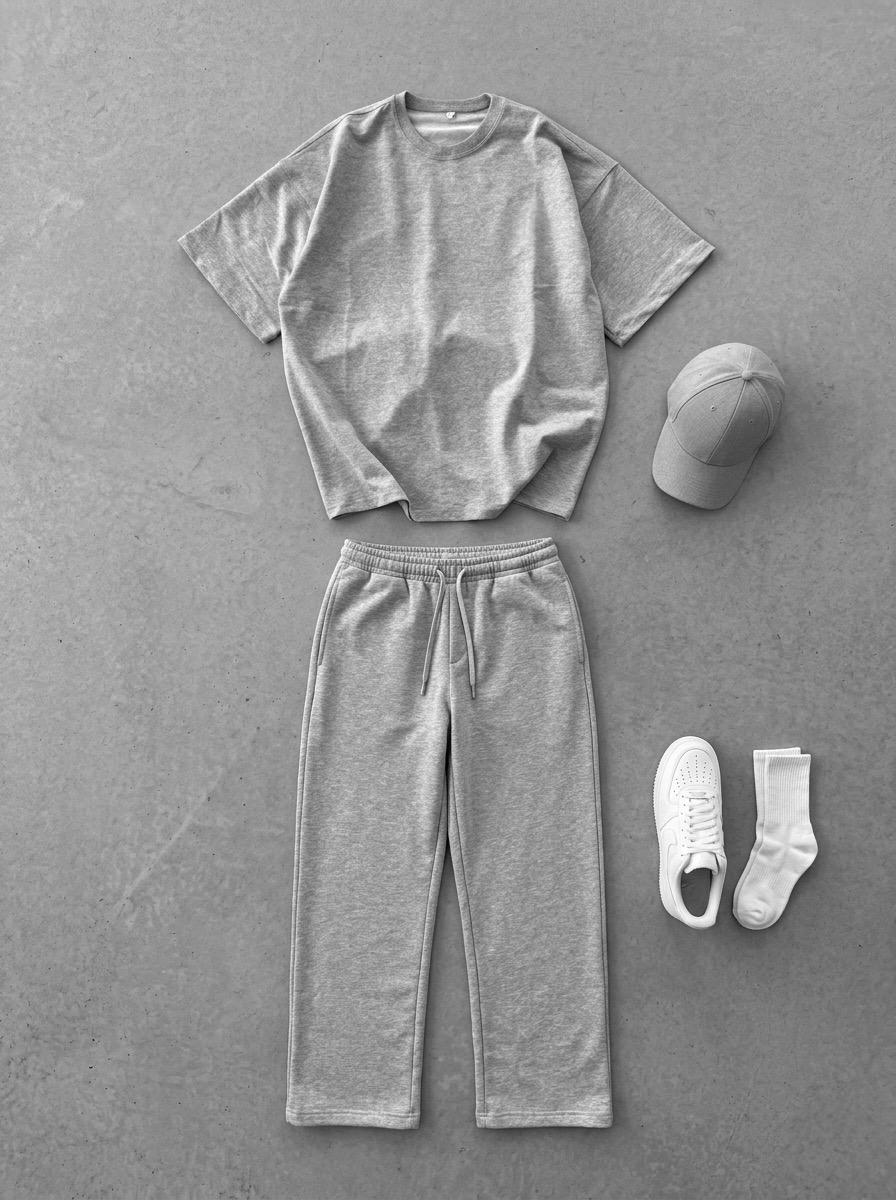 342c71319c9bae157332 Мужской Базовый Летний Костюм Серый Меланж Свободного Кроя (Футболка + Штаны)