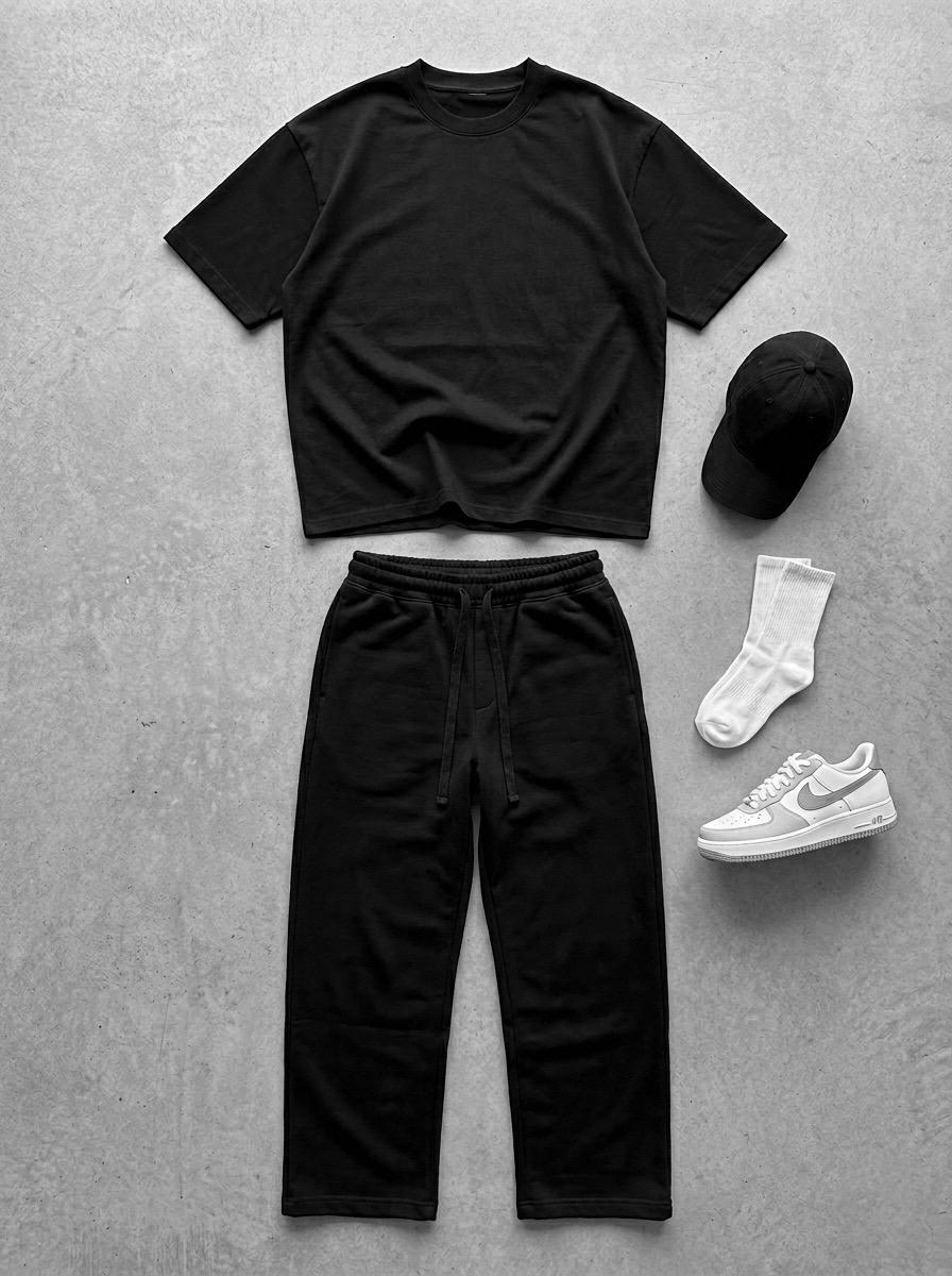 55a9e1b1191bbdc70cb4 Мужской Базовый Черный Летний Костюм Свободного Кроя (Футболка + Штаны)