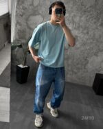 Мужская Объемная Голубая Футболка Базовая Однотонная