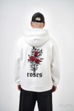 Мужское Белое Худи “Roses” Свободного Кроя