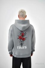 Мужское Серое Худи “Roses” Свободного Кроя