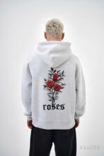 Мужское Худи “Roses” Серое Меланж Свободного Кроя