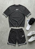 Мужской Графитовый Костюм Футболка Шорты - Базовый Оверсайз с Окантовкой
