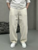 Мужские Широкие Коттоновые Бежевые Штаны Брюки Багги