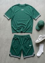 Мужской Зеленый Костюм Футболка Шорты - Базовый Оверсайз с Окантовкой