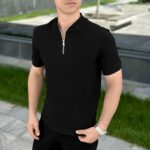 Мужская Классическая Базовая Черная Футболка Воротник Стойка на Замке