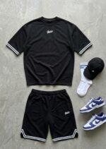 Мужской Черный Костюм Футболка Шорты - Базовый Оверсайз с Окантовкой