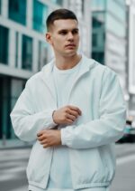 Мужская Белая Ветровка Мастерка - Базовая на Молнии с Капюшоном