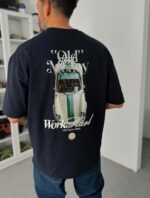 Мужская Хлопковая Темно-Синяя Футболка Оверсайз с Принтом “Old Money” на Спине