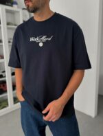 Мужская Хлопковая Темно-Синяя Футболка Оверсайз с Принтом “Old Money” на Спине