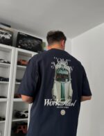 Мужская Хлопковая Темно-Синяя Футболка Оверсайз с Принтом “Old Money” на Спине