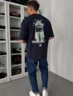 Мужская Хлопковая Темно-Синяя Футболка Оверсайз с Принтом “Old Money” на Спине