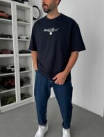 Мужская Хлопковая Темно-Синяя Футболка Оверсайз с Принтом “Old Money” на Спине