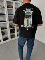 Мужская Хлопковая Черная Футболка Оверсайз с Принтом “Old Money” на Спине