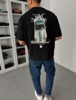 Мужская Хлопковая Черная Футболка Оверсайз с Принтом “Old Money” на Спине