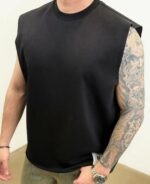 Мужская Черная Футболка Свободного Кроя без Рукавов с Обрезанными Краями