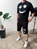 Мужской Летний Черный Костюм Комплект Оверсайз с Принтом Улыбка (Футболка + Шорты)