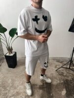 Мужской Летний Белый Костюм Комплект Оверсайз с Принтом Улыбка (Футболка + Шорты)