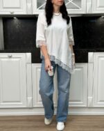 Женская Асимметричная Удлиненная Белая Футболка Оверсайз с Кружевом по Краям