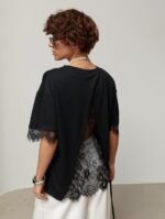Женская Черная Футболка Оверсайз с Кружевом на Спине