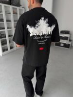 Мужская Черная Футболка Оверсайз - Хлопковая с Принтом на Спине