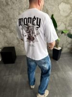 Мужская Белая Футболка Оверсайз Хлопок с Принтом Money на Спине