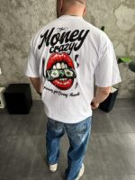 Мужская Белая Футболка Оверсайз Хлопок с Принтом Губы на Спине