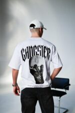 Мужская Белая Футболка Оверсайз Хлопок с Принтом Gangster на Спине