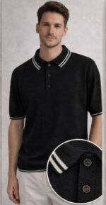Мужская Классическая Черная Футболка Поло Хлопок Вязка с Окантовкой