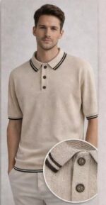 Мужская Классическая Бежевая Футболка Поло Хлопок Вязка с Окантовкой
