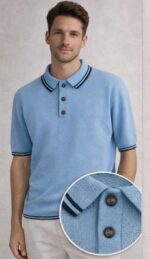 Мужская Классическая Голубая Футболка Поло Хлопок Вязка с Окантовкой