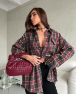 Женская Объемная Байковая Графитовая Рубашка Оверсайз в Клеточку