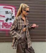 Женская Объемная Байковая Коричневая Рубашка Оверсайз в Клеточку