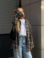 Женская Объемная Байковая Коричневая Рубашка Оверсайз в Клеточку