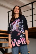 Женская Объемная Черная Футболка Оверсайз в Принт Деньги