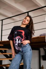 Женская Объемная Черная Футболка Оверсайз в Принт "Blood"