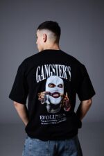 Мужская Черная Футболка Оверсайз Хлопок с Принтом Gangster's на Спине