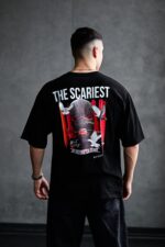 Мужская Черная Футболка Оверсайз Хлопок с Принтом “The Scariest” на Спине