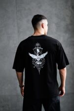 Мужская Черная Футболка Оверсайз Хлопок с Принтом Третий Глаз на Спине