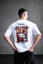 Мужская Белая Футболка Оверсайз Хлопок с Принтом Мона Лиза на Спине