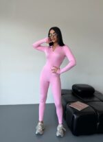 Женский Облегающий Розовый Комбинезон на Молнии