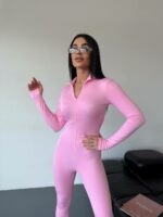 Женский Облегающий Розовый Комбинезон на Молнии
