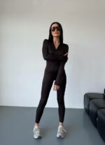 Женский Облегающий Коричневый Комбинезон на Молнии