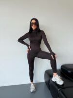 Женский Облегающий Коричневый Комбинезон на Молнии